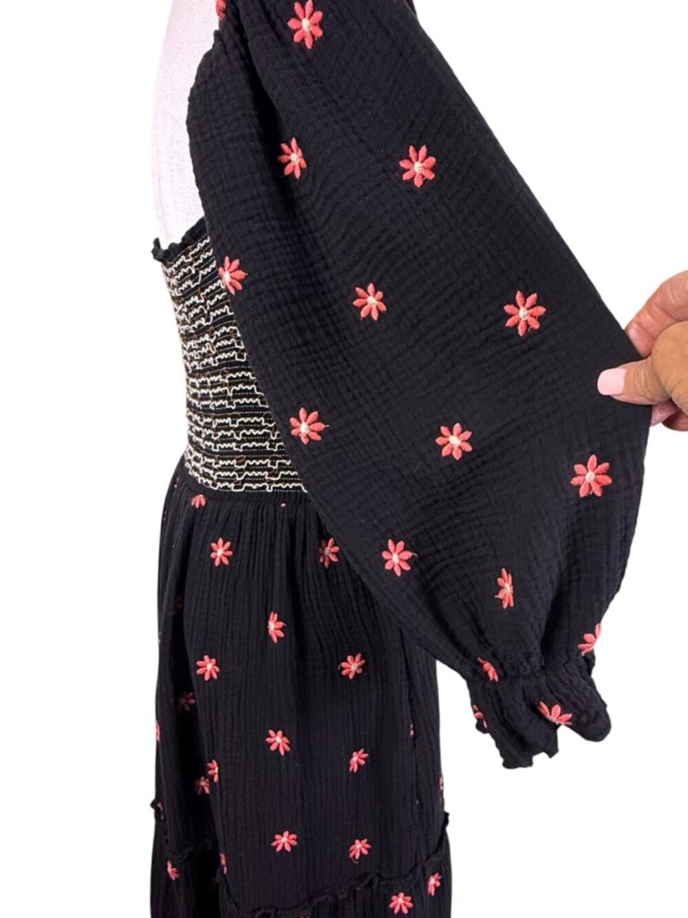 Boutique Style Black Smocked Midi Dress Pink Embroidered Floral Cottagecore M - Picture 4 of 14
